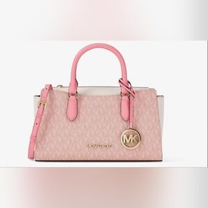 Michael Kors Pink Logo-Print Satchel with Gold Charm